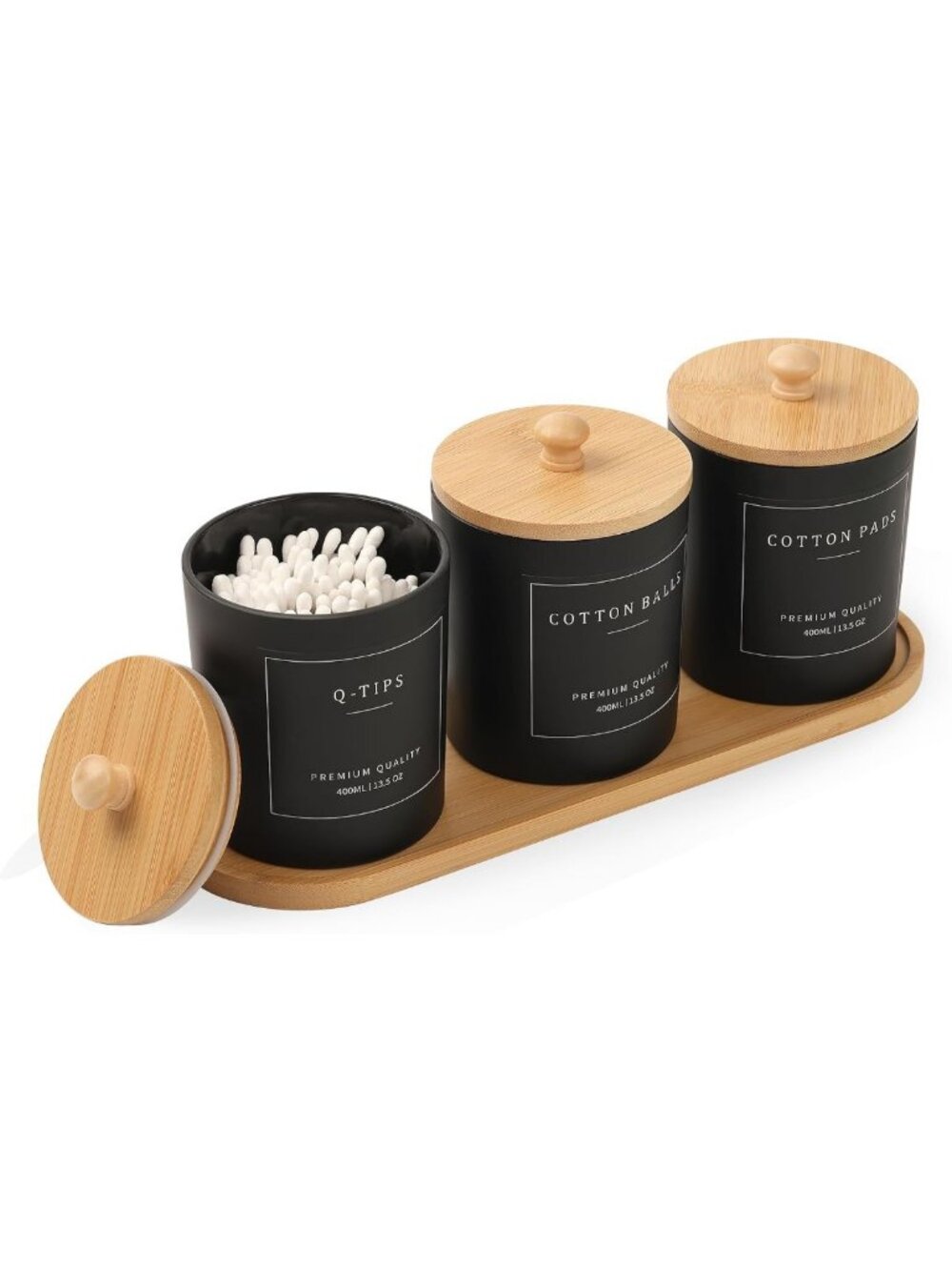 3 Pack Bathroom Organizer Set - Glass Jars with Lids, Cotton Pad & Floss Holder